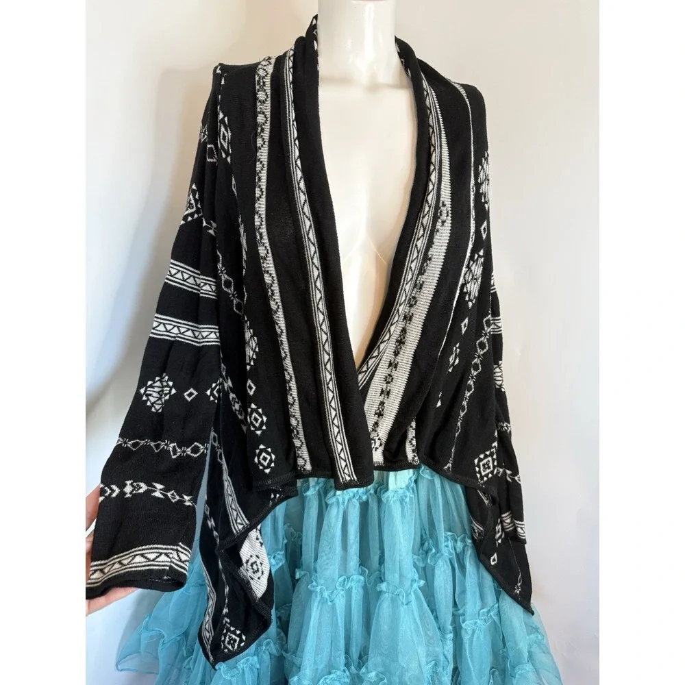 Say What Womens Cardigan Open Front Size S‎ Black And White Diamond Stripe EUC